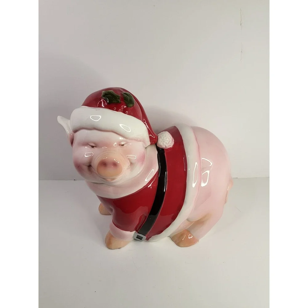 Vintage Santa Pig Ceramic Cookie Jar Christmas Holiday Decor Pink Red 10 Inch